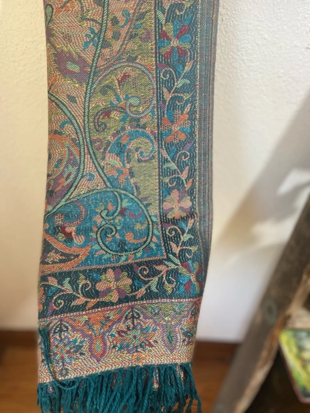 Oversized Paisley Fringe Tapestry Scarf Shawl Fairycore Teal Copper